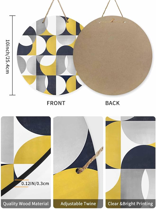 Welcome Sign for Front Door Mid Century Geometric Wood Door Hanger for Outdoor Outside Porch,10 Inch Round Wooden Wreath Indoor Wall Hanging Decoration, Abstract Modern Yellow
