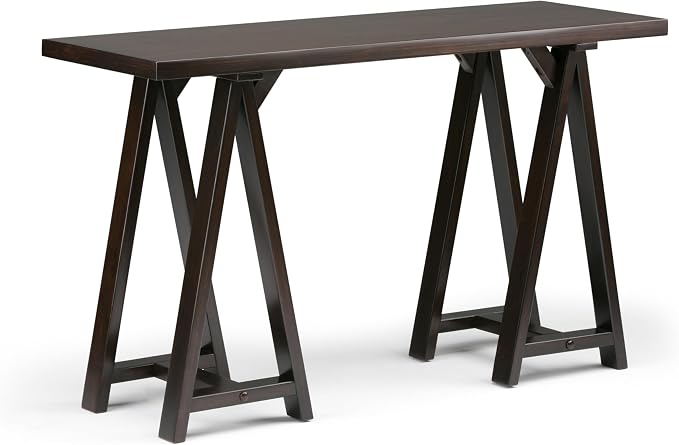 SIMPLIHOME Sawhorse Console Table - 50 Inch Wide Solid Wood Sofa Table in Dark Chestnut Brown, Modern Industrial Entryway Table for Living Room with Extra Thick Top and Sawhorse Legs