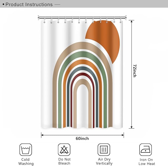 Mid Century Bohemian Bathroom Shower Curtain Colorful Stripes Arch Orange Sun Boho Shower Curtain with Hooks Waterproof Fabric Polyester Shower Curtain Aesthetics Home Decor, 60x72 Inch