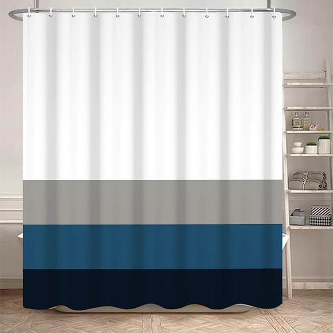 Stripes Fabric Bathroom Shower Curtain - Modern Minimalist Polyester Waterproof Blue Grey Abstract Lines Pattern With Hooks, 72x72 Inch