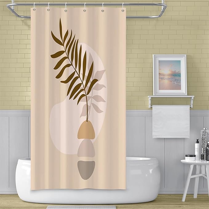 Abstract Bohemian Bathroom Shower Curtain - Eucalyptus Leaves Boho Beige With Hooks, Waterproof Fabric Polyester for Modern Aesthetics Home Decorative, 36x72 Inch