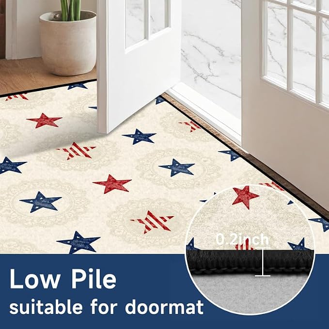 Star Area Rug 3'x5' Vintage Red Blue White Carpet Washable Low Pile Floor Mat Rugs for Entryway Bedroom Living Room Nursery Kitchen Playroom Home Decor
