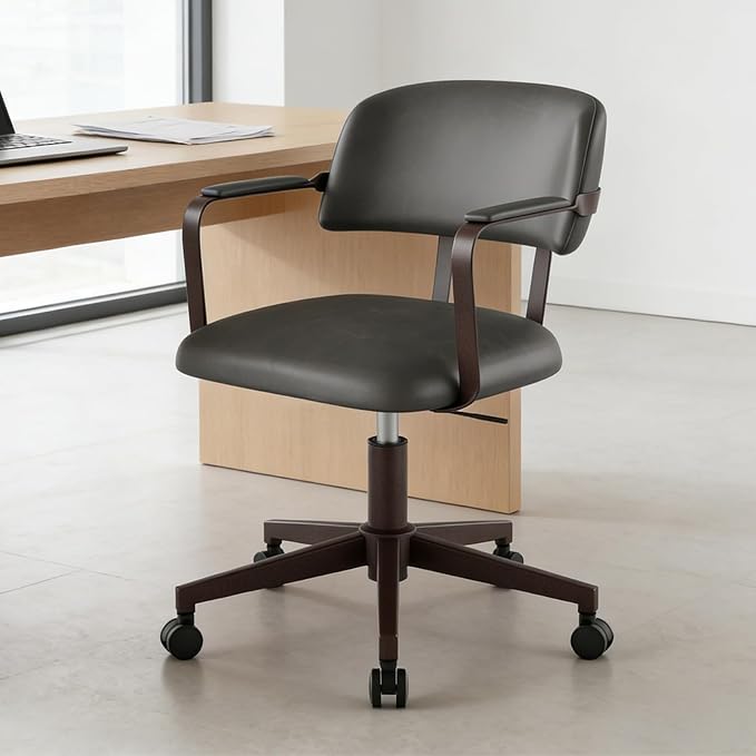 Home Office Desk Chair, Mid-Century Modern Desk Chair with Padded Arms, Adjustable Seat Height, Mid Back 360° Small Computer Chair with Mobile Mute Wheel, PU Leather (Dark Grey)