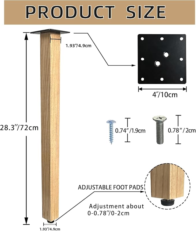 QLLY 28 inch Square Wooden Table Legs, Solid Wood Desk Legs, Wood Furniture Legs, Set of 4, Easy to Install - Perfect for DIY Dining Tables, Coffee Tables, and Benches (Natural, 28 inch)
