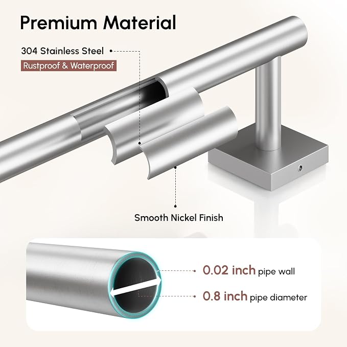 USHOWER Brushed Nickel Towel Bar, 24 Inch Towel Racks for Bathroom Wall Mounted, 304 Stainless Steel Towel Holder with Square Base, Modern Home Decor (Total Length 26 Inch)