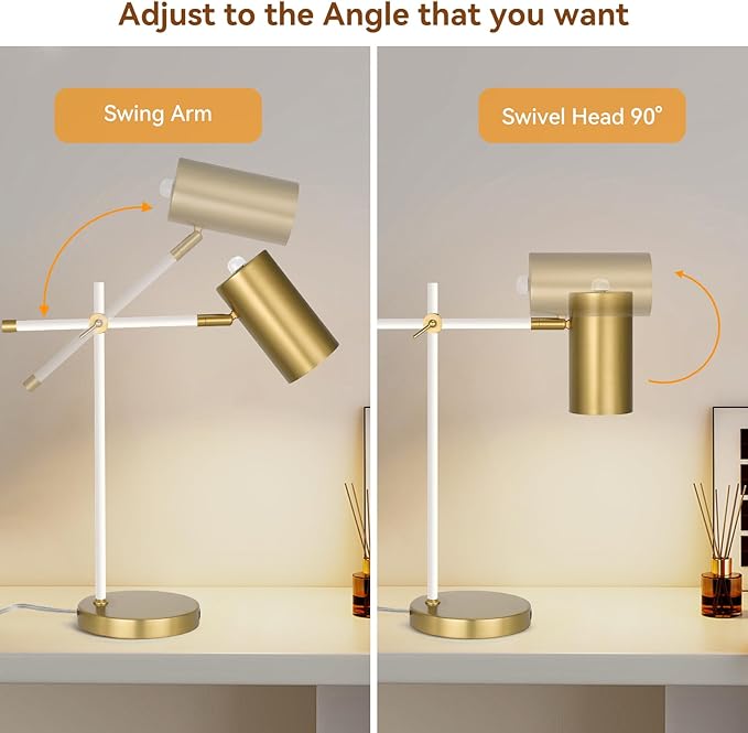 Modern White and Gold Desk Lamp with Type C Charging Port, Minimalist Industrial Table Lamp with Swing Arm, for Study Room Home Office Bedroom Bedside Nightstand