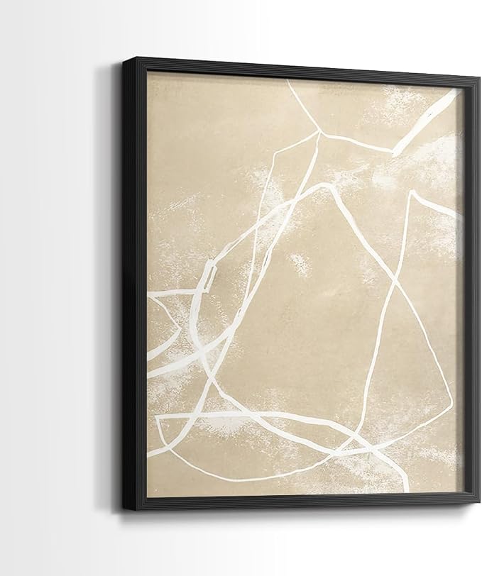 Renditions Gallery Set of 2 Peel & Stick Framed Prints, Neutral Abstract Wall Art, Beige Line Art Pattern Wall Decor, Re-Stickable - Ready to Hang - 8"x10" - Black Frame LT588