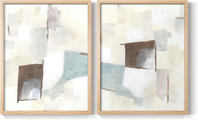 Renditions Gallery Set of 2 Peel & Stick Framed Prints, Abstract Wall Art, Minimalist Color Block Brush Strokes Wall Decor, Re-Stickable - Ready to Hang - 11"x14" - NATURAL WOOD Frame LT588