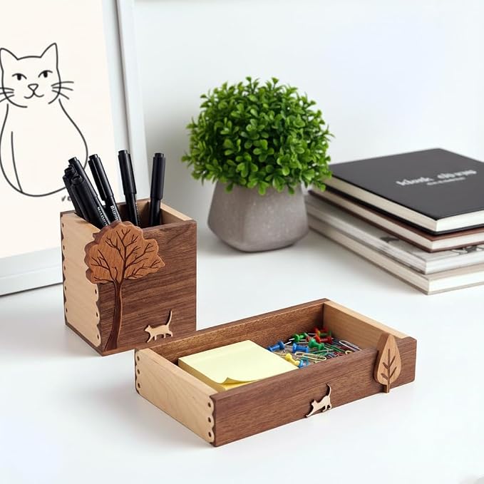 Wooden Desk Tray with Pen Holder Set Natural Wood Office Desk Pencil Pen Cup Holder Paper Clip Storage Sticky Note Holder Organizer Tray for Keys Pen Watch