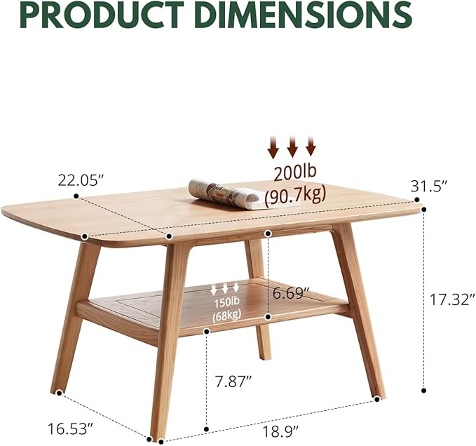 Mid Century Modern Coffee Table: 100% Solid Wood Coffee Table - 2-Tier Storage Design - Space Saving Small Coffee Tables for Living Room, Apartment (Natural, 31.49")