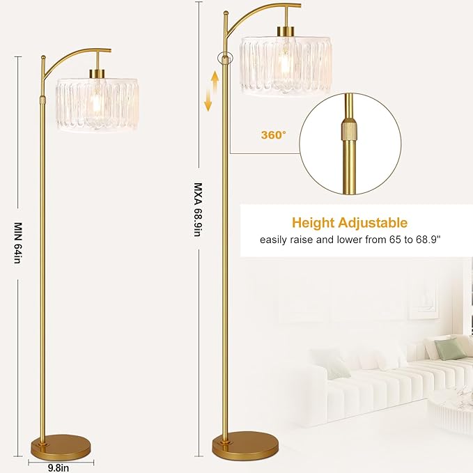 Glass Floor Lamp for Living Room,Bedroom,Gold Dimmable Standing Lamp with Remote,Brass White Tall Lamp Boho Mid Century Modern Floor Lamps Arc Floor Light Lamp Bohemian