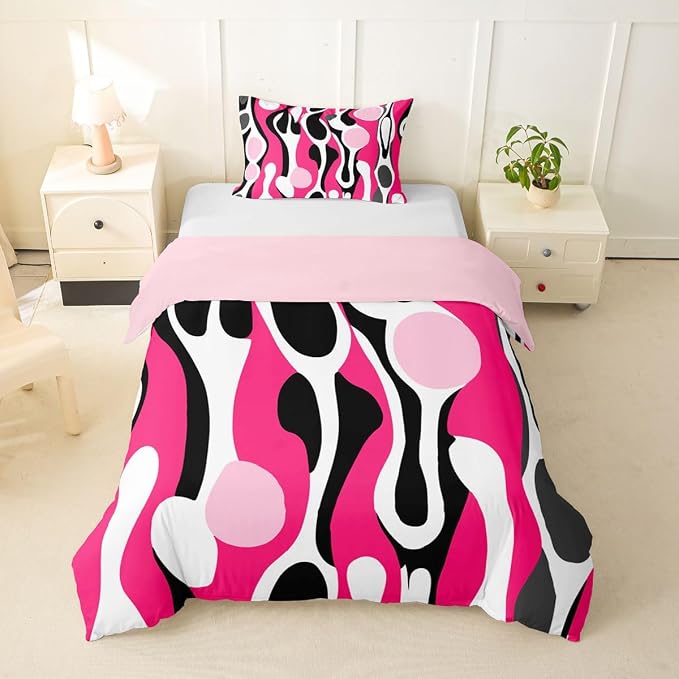 Erosebridal Organic Geometric Duvet Cover Set Modern Abstract Twin Bedding Sets for Girls Teen Boys Retro Mid Century Comforter Cover Modern Fluid Art Irregular Circles Bed Set,Fuchsia Pink