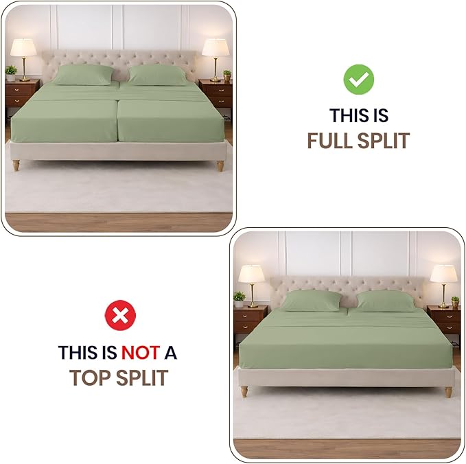 SGI Split King Sheet Set for Adjustable Bed Egyptian Premium Cotton 600 Thread Count Sheets for Sleep Number Bed 15" Deep Pocket 5 Pc Set with 2 Twin XL Fitted Sheets Soft Breathable -Moss