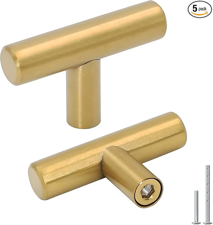Goldenwarm 5pcs Brushed Brass Single Bar Cabinet Cupboard Drawer Door Handle Pull Knob for Furniture Kitchen Hardware Overall Length 2in