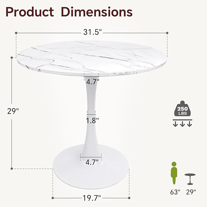 Round Dining Table 31.5" Faux Marble White Tulip Table with Pedestal Base for 2-4 People Small Space - Kitchen Living Room Cafe