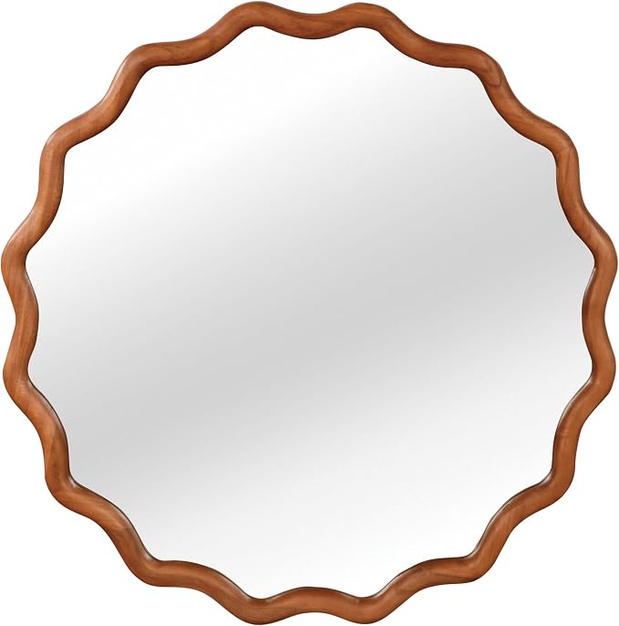 36 Inch Wooden Wavy Round Wall Mirror, Modern Solid Wood Frame Circle Decorative Accent Mirror for Bedroom, Bathroom, Living Room, Entryway, Yellowish Brown