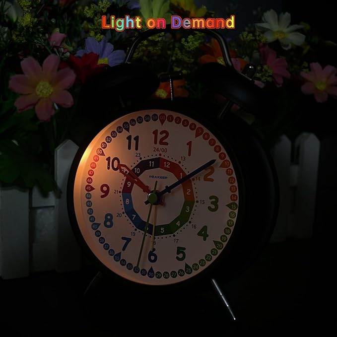 Peakeep Loud Alarm Clock for Kids Learning Telling Time Teaching Clock, 4.5" Rainbow-Colored Twin Bell Analog Alarm Clock Battery Operated for Heavy Sleepers Adults Teenagers Kids