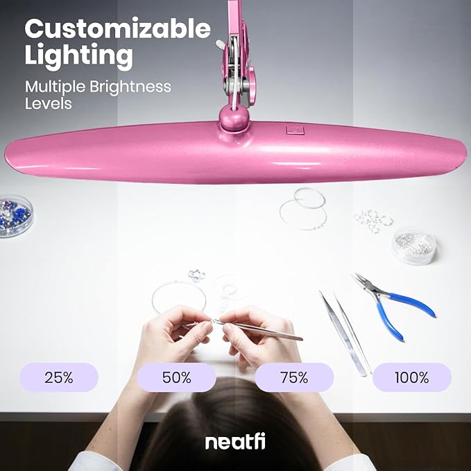 Neatfi XL Nail Desk Lamp with Clamp, 2200 Lumens, 20-Inch Wide Head, Dimmable 4 Levels, 6500K, LED Task Light for Manicure Table, Crafts, Workbench, Office (Non-CCT, Pink)