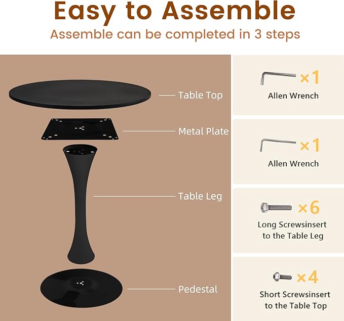 Round Dining Tulip Table for 2, Mid-Century Modern Table with Sturdy Metal Pedestal for Kitchen, Bistro, Cafe, Leisure (Black, 24 INCH)