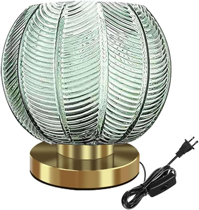 Gold Desk lamp Bedside Table Lamps Green Ribbed Glass Shade mid Century Modern lamp Globe Table lamp nightstand lamp Small Table lamp for Bedroom Living Room Office