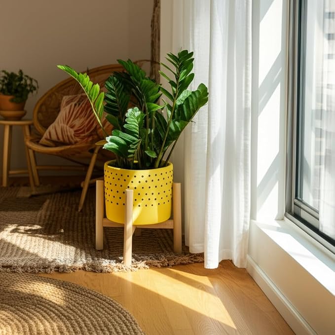 Ceramic Planter Pot with Wooden Stand – Indoor Outdoor Plant Holder with Black Polka-Dot Pattern, Decorative Pot Stand for Living Room, Entryway, Bedroom, Patio or Garden Décor – 6", Yellow
