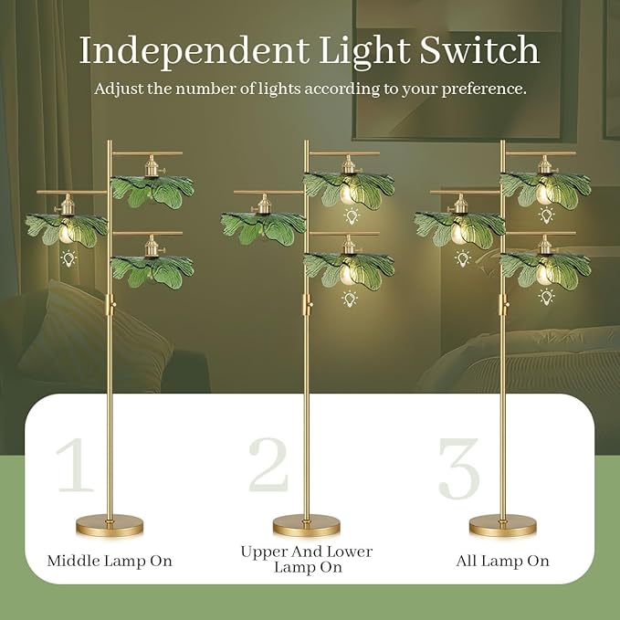 Gold Floor Lamp for Living Room, Mid Century Modern Dimmable Standing Lamp with Green Glass Shade, 3-Light Brass Tree Lamp Vintage Tall Lamp for Bedroom Office Study Corner