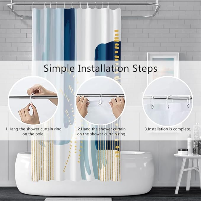 Boho Style Shower Curtain Watercolor Darkblue and Yellow Geometric Pattern Shower Curtains for Modern Abstract Bathroom Waterproof Fabric Decor Set with Hooks, 48W x 72H Inch