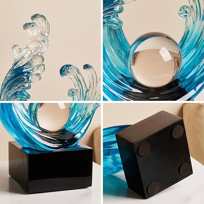 Modern Abstract Decorative Wave Statue, Blue Abstract Art Home Decor,Crystal Ball Art Wave Resin Sculpture, Office Desk Stand, Dining Table Center Decorative Aesthetics (A,Navy-Blue)