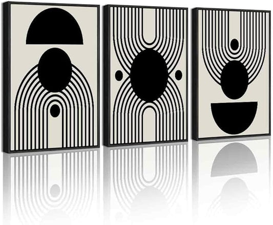 KUVIOKE Black Abstract Framed Wall Art Minimalist Geometry Lines Painting Artwork for Living Room Bedroom 12x16in (Black Framed)