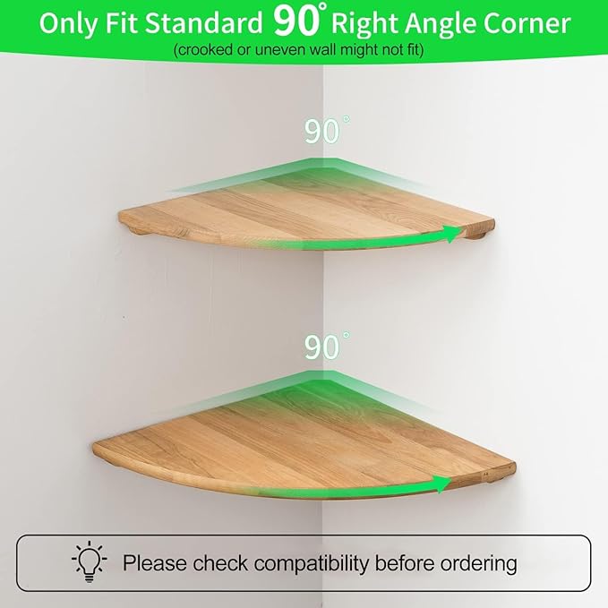 Corner Shelf, 7inch Solid Oak Wood Floating Corner Shelf Wall Mount Round End Floating Speaker Shelves with Wire Hole for Small Plant Photo Frame for Bedroom Kitchen, Living Room | Wire Hole, Small Plant, Photo Frame, Bedroom, Kitchen, Living Room
