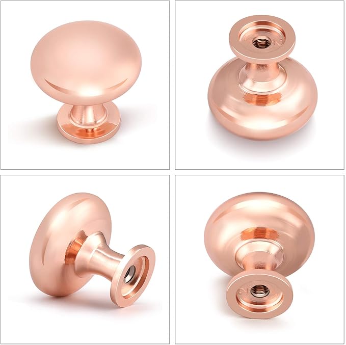 12 Pack Polished Rose Gold Cabinet Knob Solid Kitchen Drawer Hardware,Copper Drawer Dresser Knob Euro Style Round Furniture Hardware,Diameter:1-1/5 "