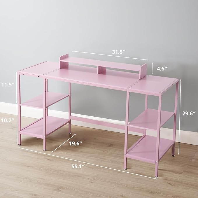Computer Desk 55-inch with Storage Shelf - Pink Ideal Gaming Desk for Bedrooms, Small Spaces, and Home Offices Modern Writing Desk for PCs.