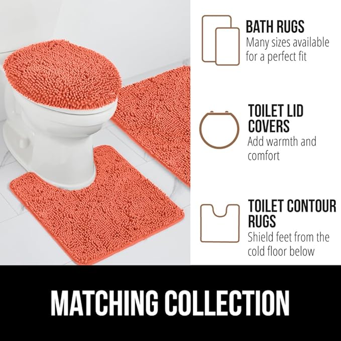 GORILLA GRIP Plush Absorbent Shaggy Chenille Bath Rug Mat for Oval Toilet Base with Rubber Backing, Machine Washable Rugs, Soft Microfiber Contour Mats for Toilets, Bathroom Decor, Coral