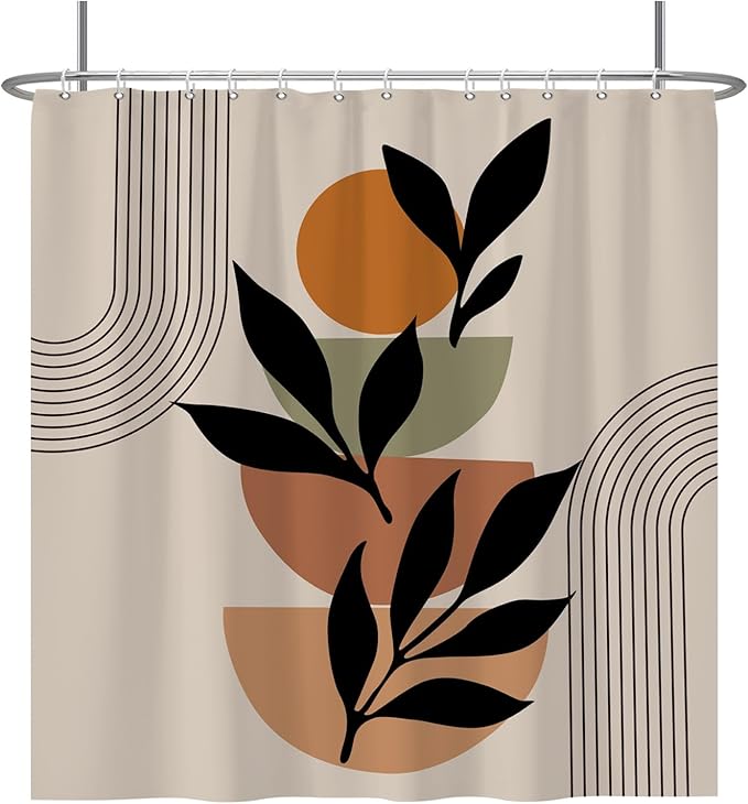 Baocicoo Boho Mid Century Shower Curtain Set Modern Minimalistic Leaves Shower Curtain for Bathroom Dormitory Bathtub Decor Durable Fabric Waterproof Curtain for Bathroom with Hooks 72x72 Inches