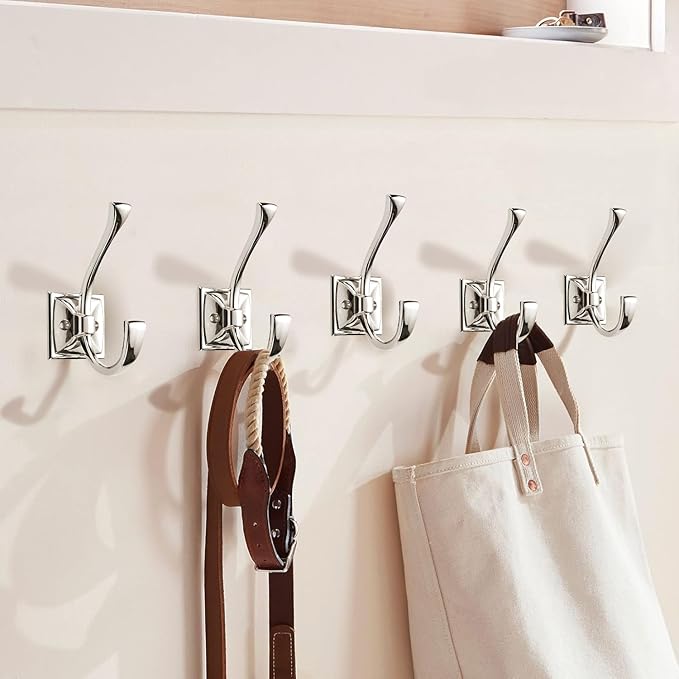 Large Wall Hooks 5 Pack - Polished Nickel Coat Hardware for Hanging Coats - 4.35 Inch Double Robe Hook Wall Mounted With Screws for Key, Towel, Bags, Cup, Hat