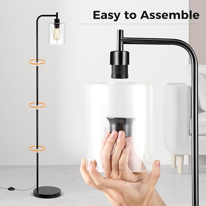 Tangkula Industrial Floor Lamp, Modern Standing Lamp with Hanging Glass Lampshade & Foot Switch, Tall Pole Light with E26 Standard Base for Living Room, Bedroom & Office (Black, 1-Light)