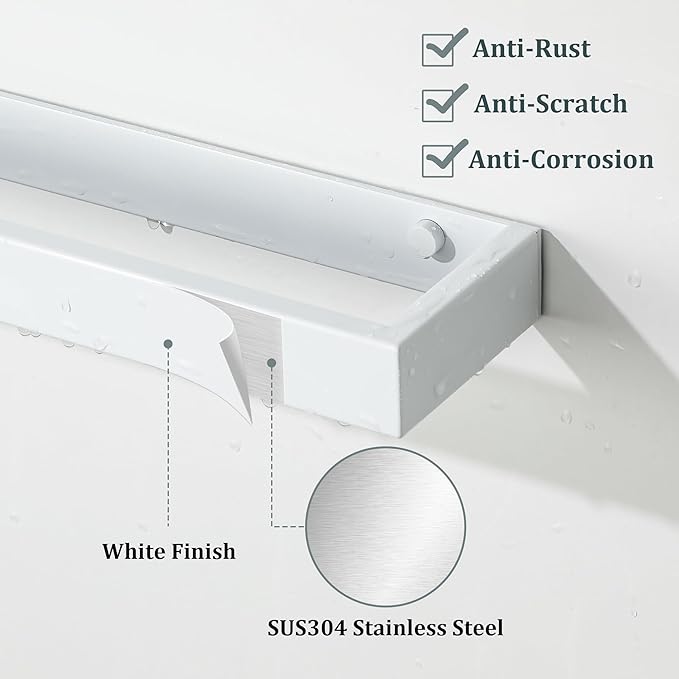 Sayayo White Towel Bar for Bathroom Wall, 8 Inch Hand Towel Holder, Screw or Self Adhesive Towel Ring Square SUS304 Stainless Steel, 3.2 Inch Wider Design