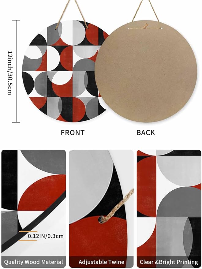 Welcome Sign for Front Door Mid Century Geometric Wood Door Hanger for Outdoor Outside Porch,12 Inch Round Wooden Wreath Indoor Wall Hanging Decoration, Abstract Modern Red