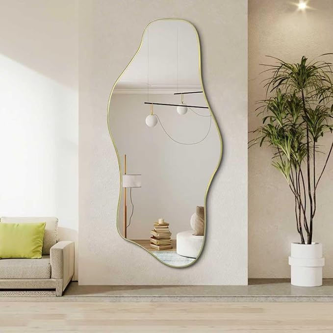 Irregular Mirror Full Length, 67"x31" Large Asymmetrical Tempered Glass Mirror for Dressing, Gold Modern Abstract Frameless Wall Mirrors for Living Room Bathroom Bedroom Hallway Entryway