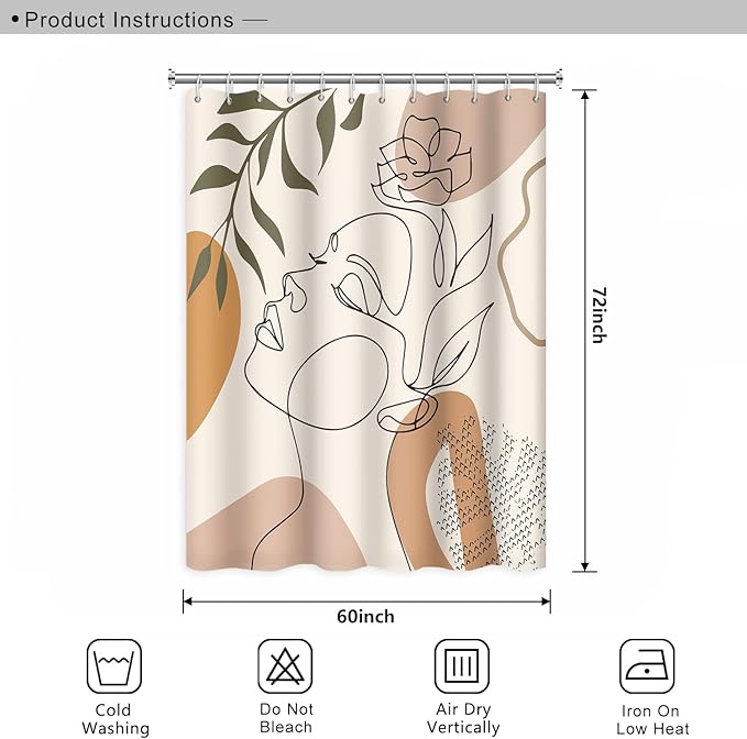 Abstract Woman Face Bathroom Shower Curtain - Mid Century Boho Modern Geometric With Hooks, Polyester Waterproof Fabric, Minimalist Art Line Aesthetic, 60x72 Inch
