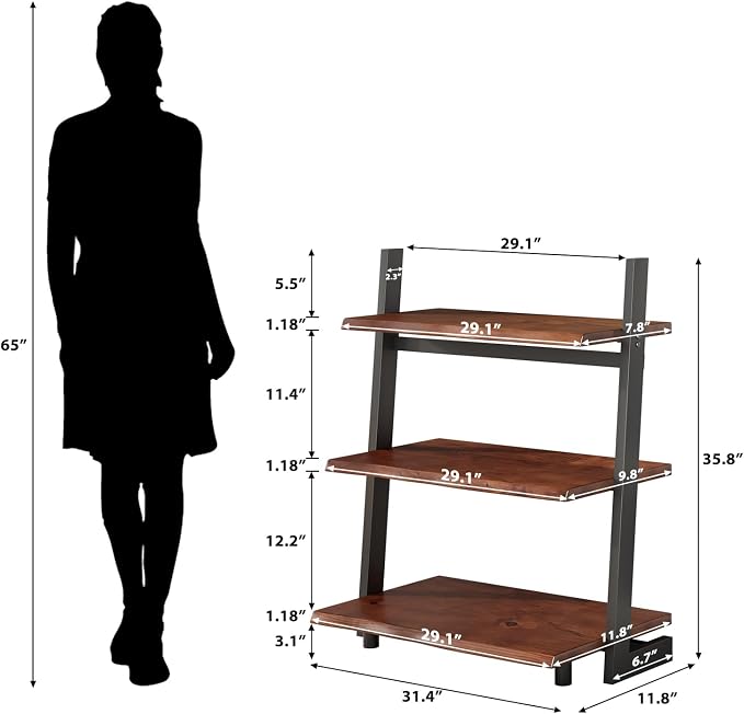IBF 3-Tier Solid Wood Ladder Bookshelf with Natural Live Edge, Rustic Walnut Storage & Display Leaning Bookcase, Modern Space-Saving Shelf for Living Room, Bedroom, Home Office
