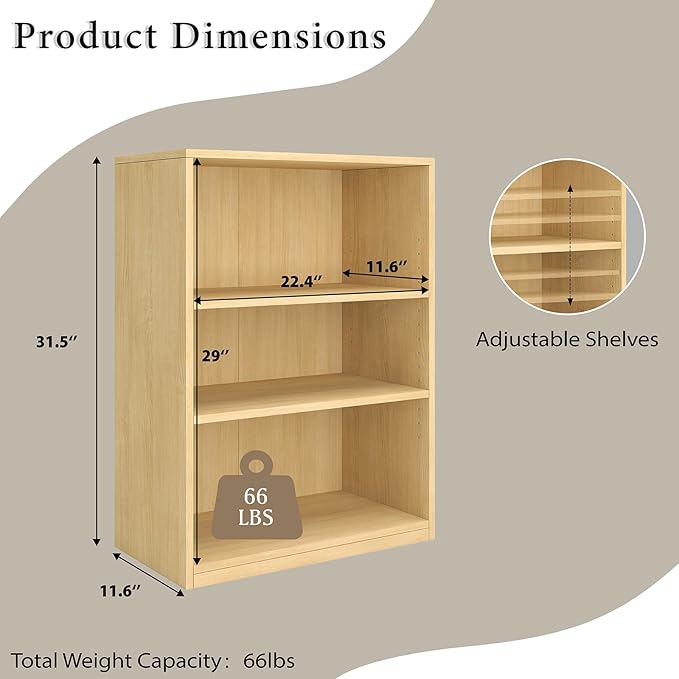 Wooden 3-Tier Bookshelf, Adjustable Open Storage Shelf Unit, 31.5" Tall Bookcase（Oak）