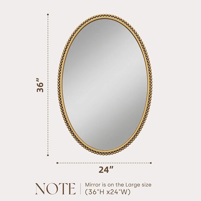 Uniclinens Gold Oval Beaded Mirror Decor - Large Decorative Vintage Oval Mirror for Wall Decor 24"X36" with Metal Frame, Ideal for Entryway, Fireplace, Living Room, Hallway, Bathroom