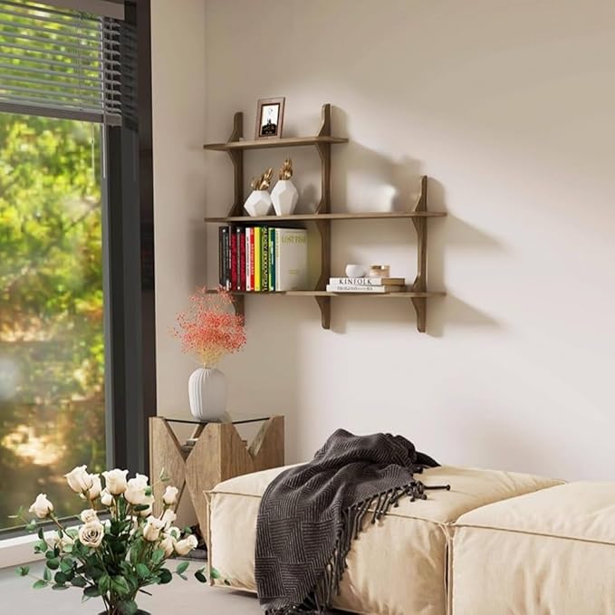 Mid-Century L-Shaped Floating Wall Shelf, 3-Tired Wood Wall Mounted Bookcase, Creative Grid Display Shelf for Indoor, Cafe(Walnut,Large)