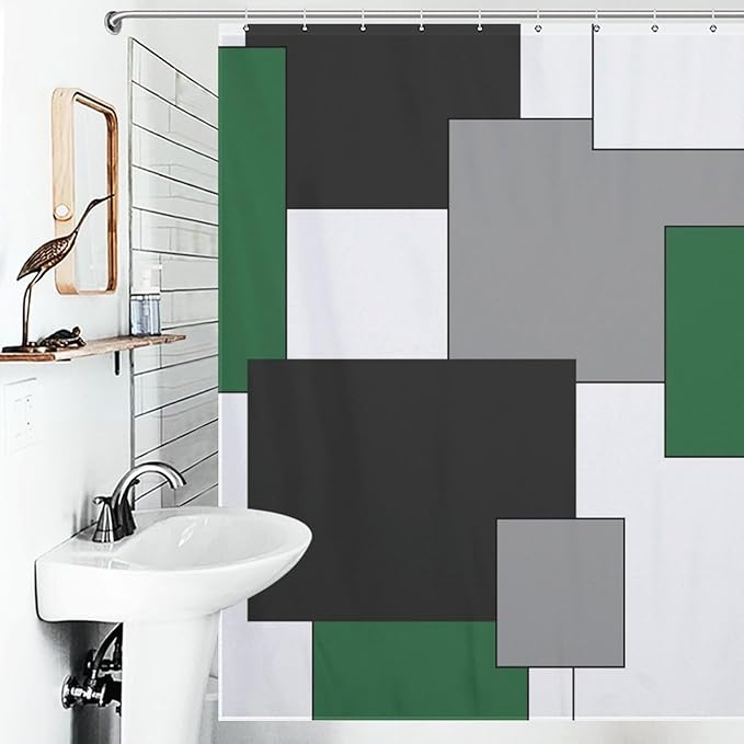 Retro Geometric Shower Curtain,Green Black Modern Geometry Minimalist Neutral Design Bathroom Curtain Polyester Waterproof Fabric Decor 72x72in（183x183cm）