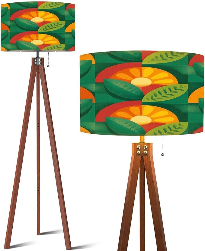 Wood Tripod Floor Lamp Fruits leaves nature Mid century modern art Abstract geometric Mid Century Standing Lamp Linen Shade Dimmable Modern Tall lamp Home Decor for Living Room Bedroom Office