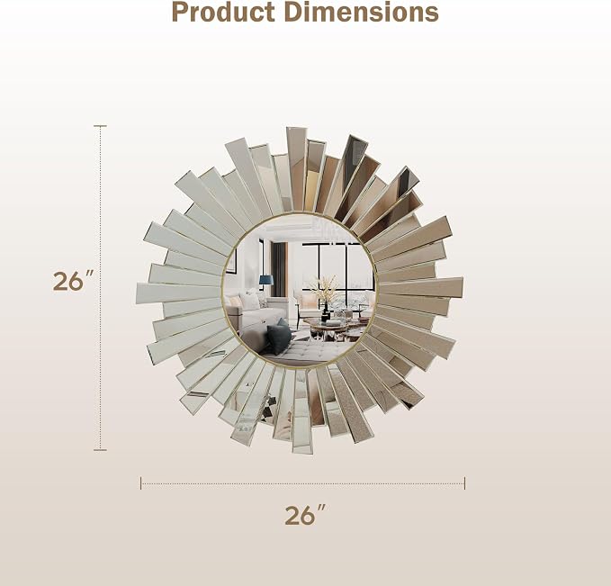 Gold Sunburst Mirror, 26" Sun Mirror Wall Decor with Beveled Glass Frame, Starburst Mirrors for Entryway, Dining Room, Living Room