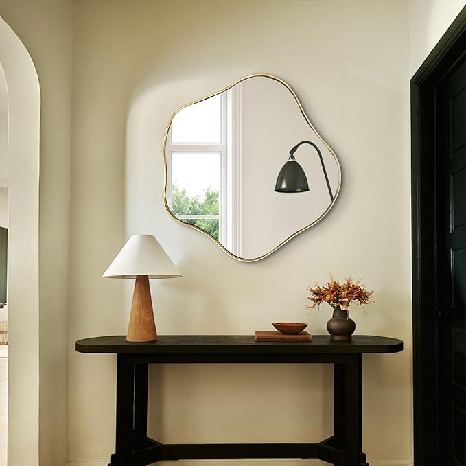 Asymmetrical Wall Mirror, 24" Irregular Shaped Mirror with Gold Frame, Wavy Round Mirrors Decorative, Modern Scalloped Mirrors for Living Room Bathroom Bedroom Hallway Entryway Fireplace