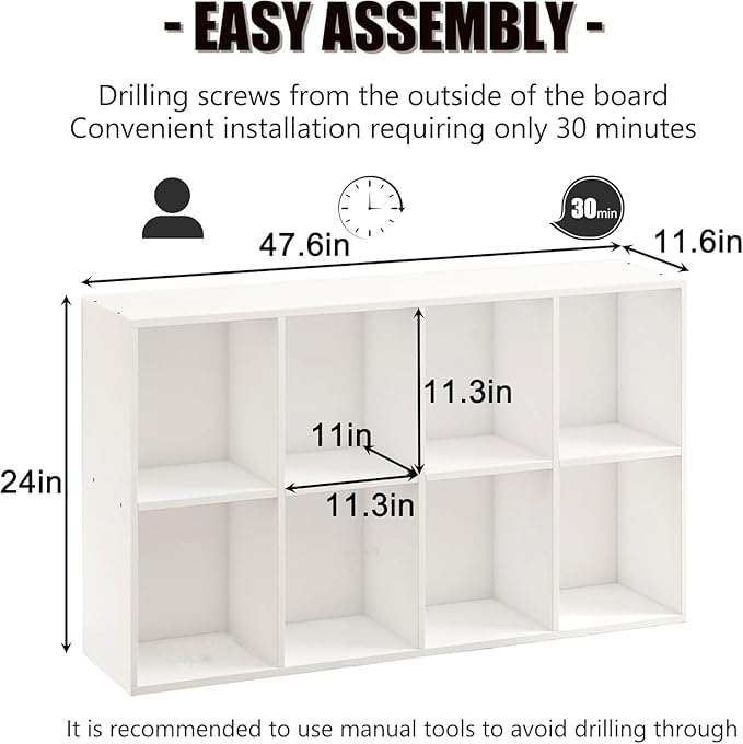 Wooden 8 Cube Storage Organizer with Closed Back Panel,White Cube Shelf Cubby Storage Organizer with Compartments for Living,Bookshelf, Easy to Install (White, 8 Cube-11in)
