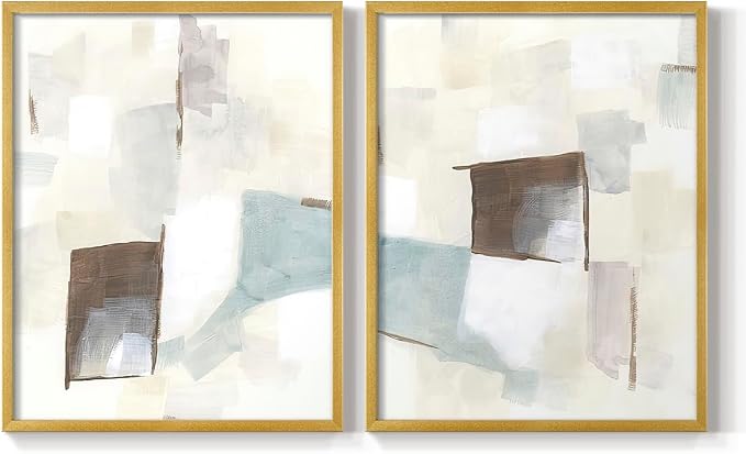 Renditions Gallery Set of 2 Peel & Stick Framed Prints, Abstract Wall Art, Minimalist Color Block Brush Strokes Wall Decor, Re-Stickable - Ready to Hang - 22"x28" - GOLD Frame LT588